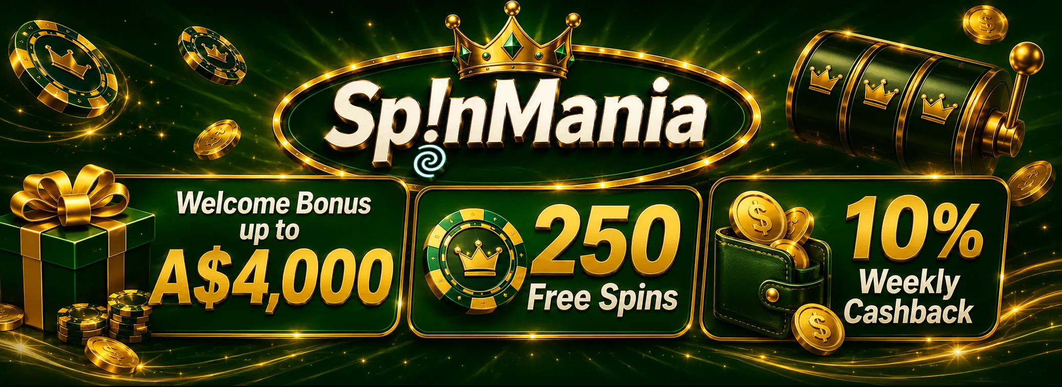A$4,000 + 250 free spins across four deposits — SpinMania